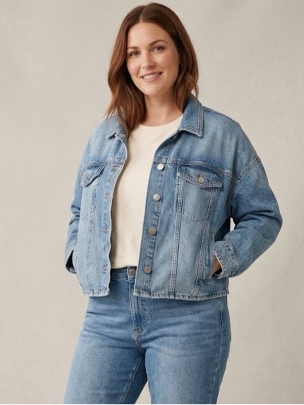 Reitmans Womens XL Blue Denim Jean Jacket Oversized Boxy Stretch Casual Fall
